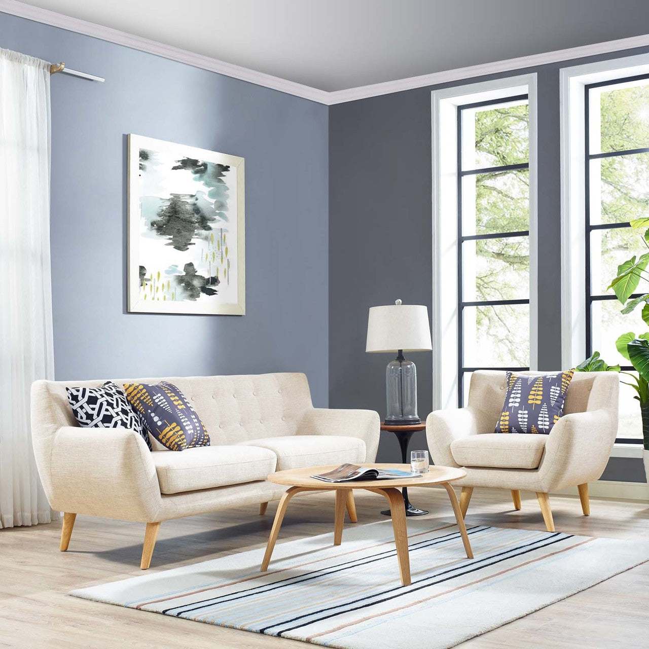Remark 2 Piece Living Room Sofa and Armchair Set, Fabric, Beige 13296