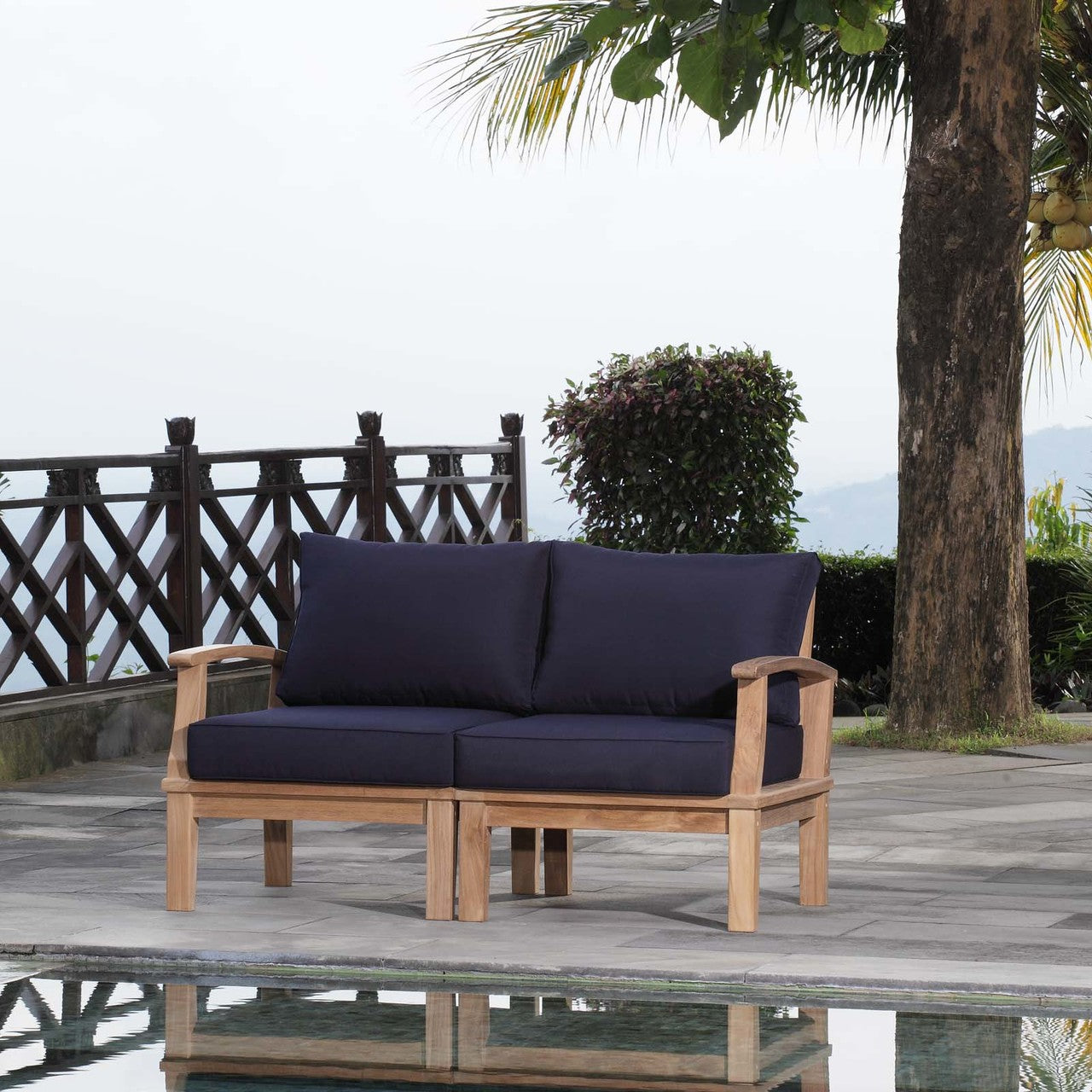 Marina 2 Piece Outdoor Patio Teak Set, Wood, Navy Blue Natural 13335