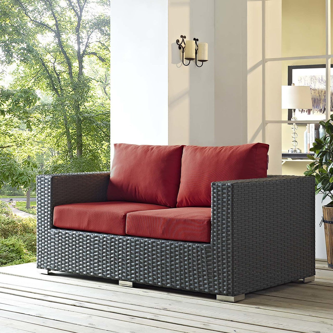 Sojourn Outdoor Patio Sunbrella® Loveseat, Sunbrella Rattan Wicker, Red 13341