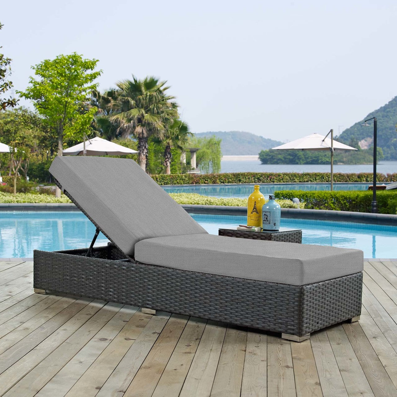 Sojourn Outdoor Patio Sunbrella® Chaise Lounge, Sunbrella Rattan Wicker, Grey Gray 13354