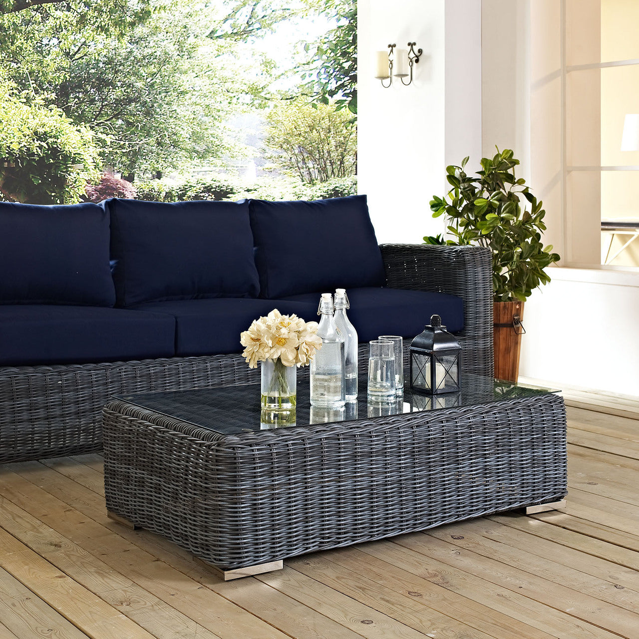 Summon Outdoor Patio Glass Top Coffee Table, Grey, Synthetic Rattan