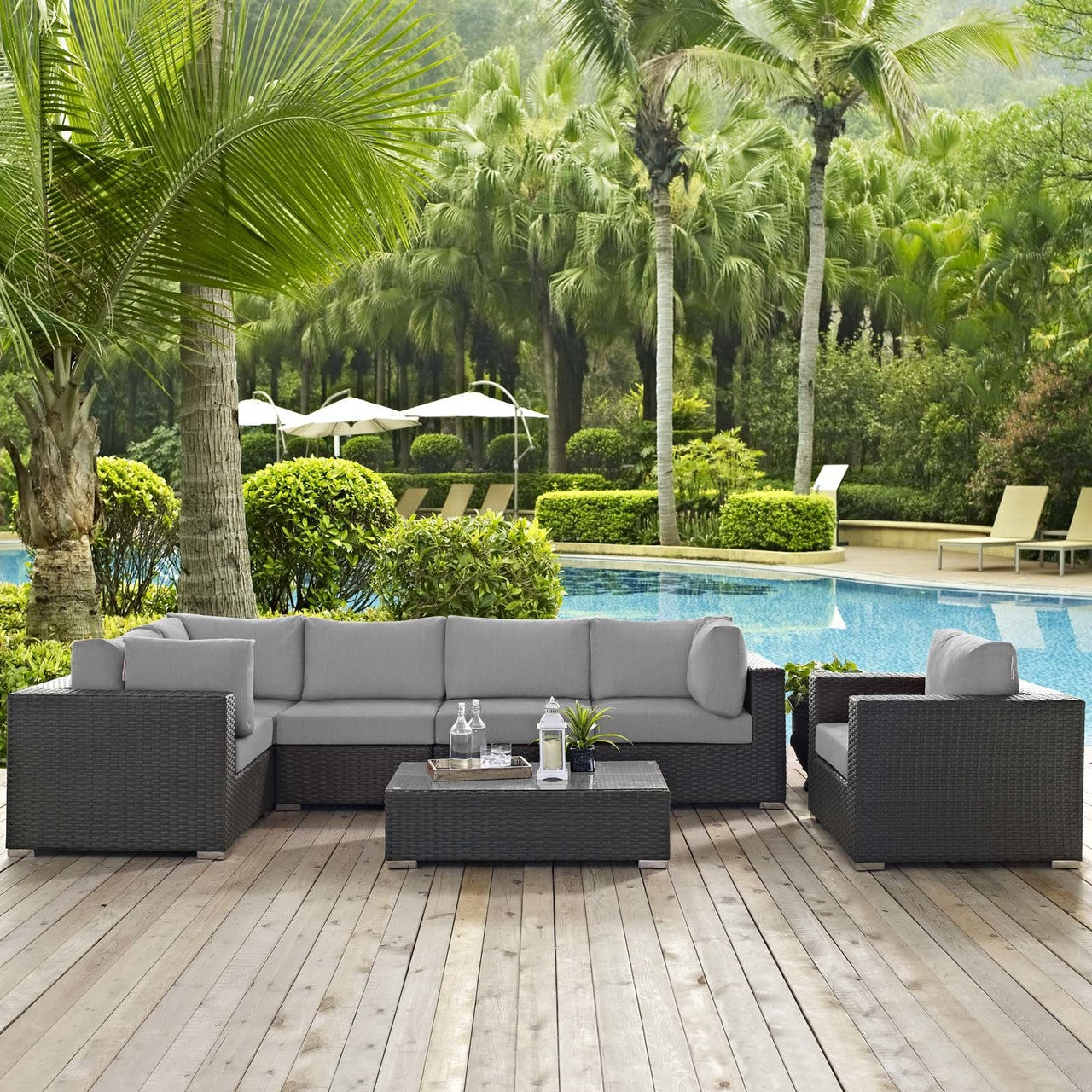 Sojourn 7 Piece Outdoor Patio Sunbrella® Sectional Set, Sunbrella Rattan Wicker, Grey Gray 13378