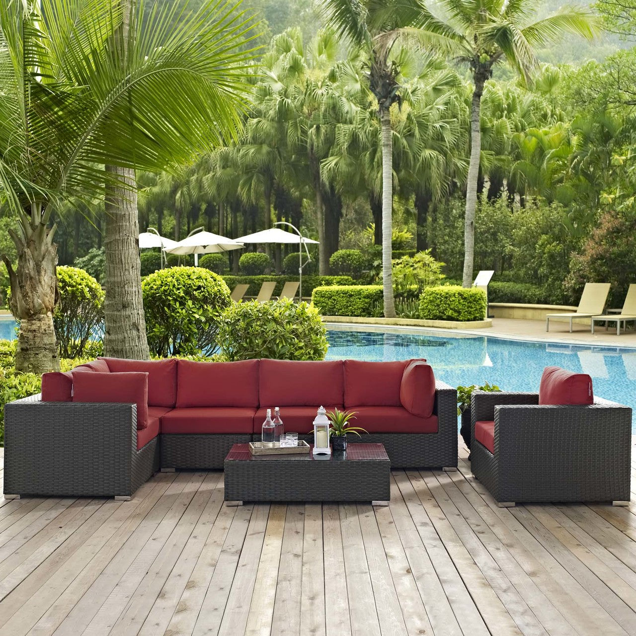 Sojourn 7 Piece Outdoor Patio Sunbrella® Sectional Set, Sunbrella Rattan Wicker, Red 13379