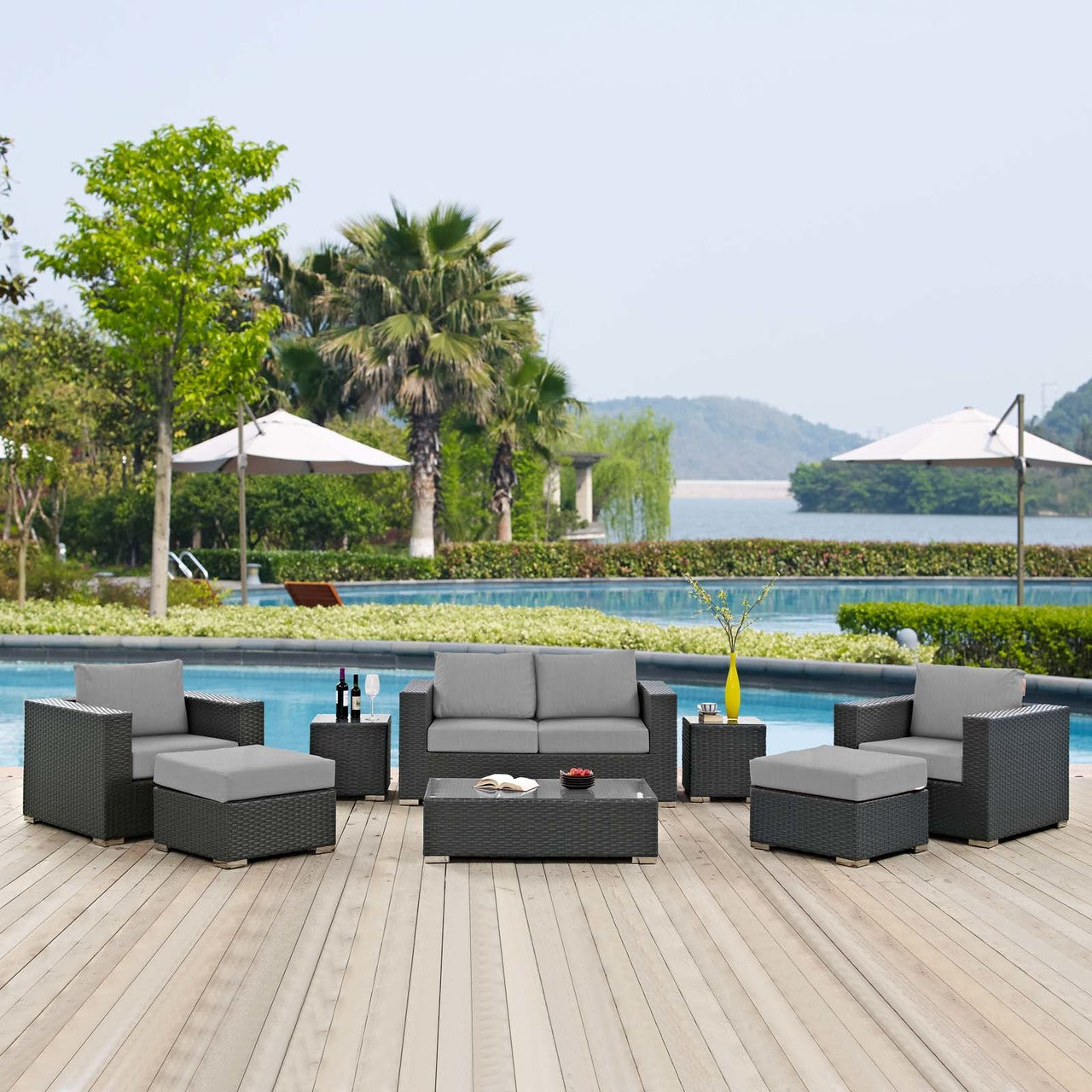 Sojourn 8 Piece Outdoor Patio Sunbrella® Sectional Set, Sunbrella Rattan Wicker, Grey Gray 13382