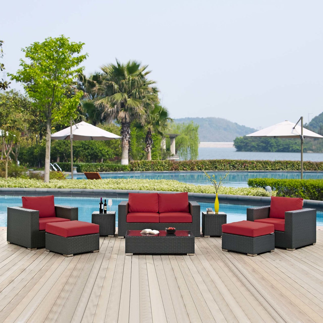 Sojourn 8 Piece Outdoor Patio Sunbrella® Sectional Set, Sunbrella Rattan Wicker, Red 13383