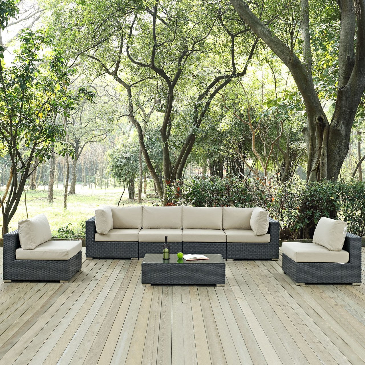 Sojourn Seven PCS Outdoor Patio Sunbrella Sectional Set, Beige , Rattan 9810