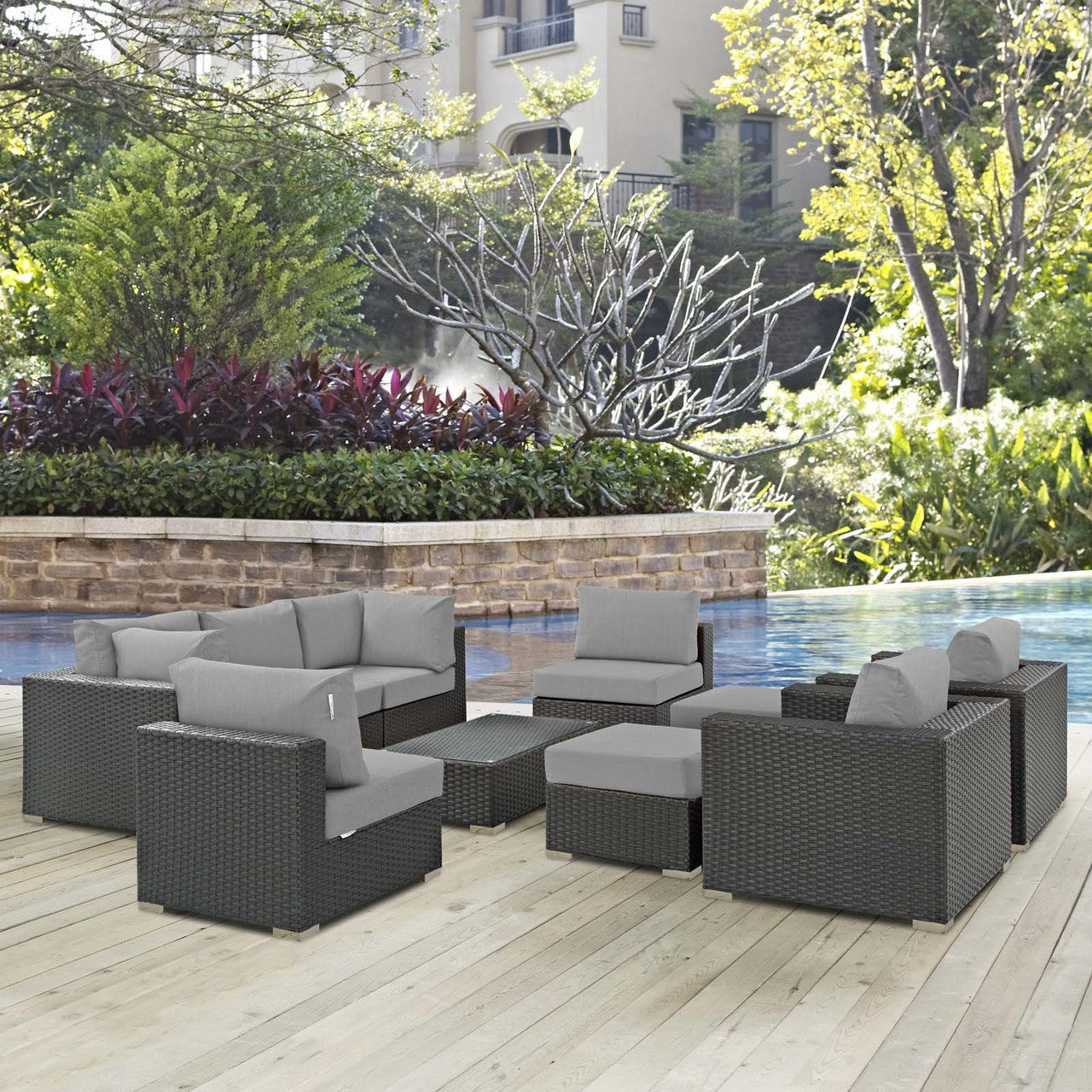 Sojourn 10 Piece Outdoor Patio Sunbrella® Sectional Set, Sunbrella Rattan Wicker, Grey Gray 13390