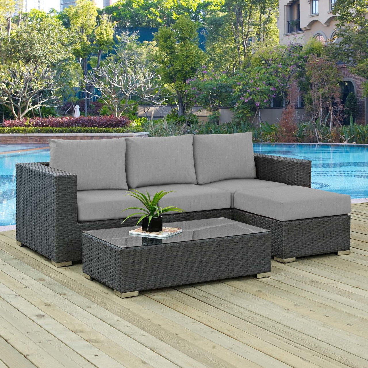 Sojourn 3 Piece Outdoor Patio Sunbrella® Sectional Set, Sunbrella Rattan Wicker, Grey Gray 13392