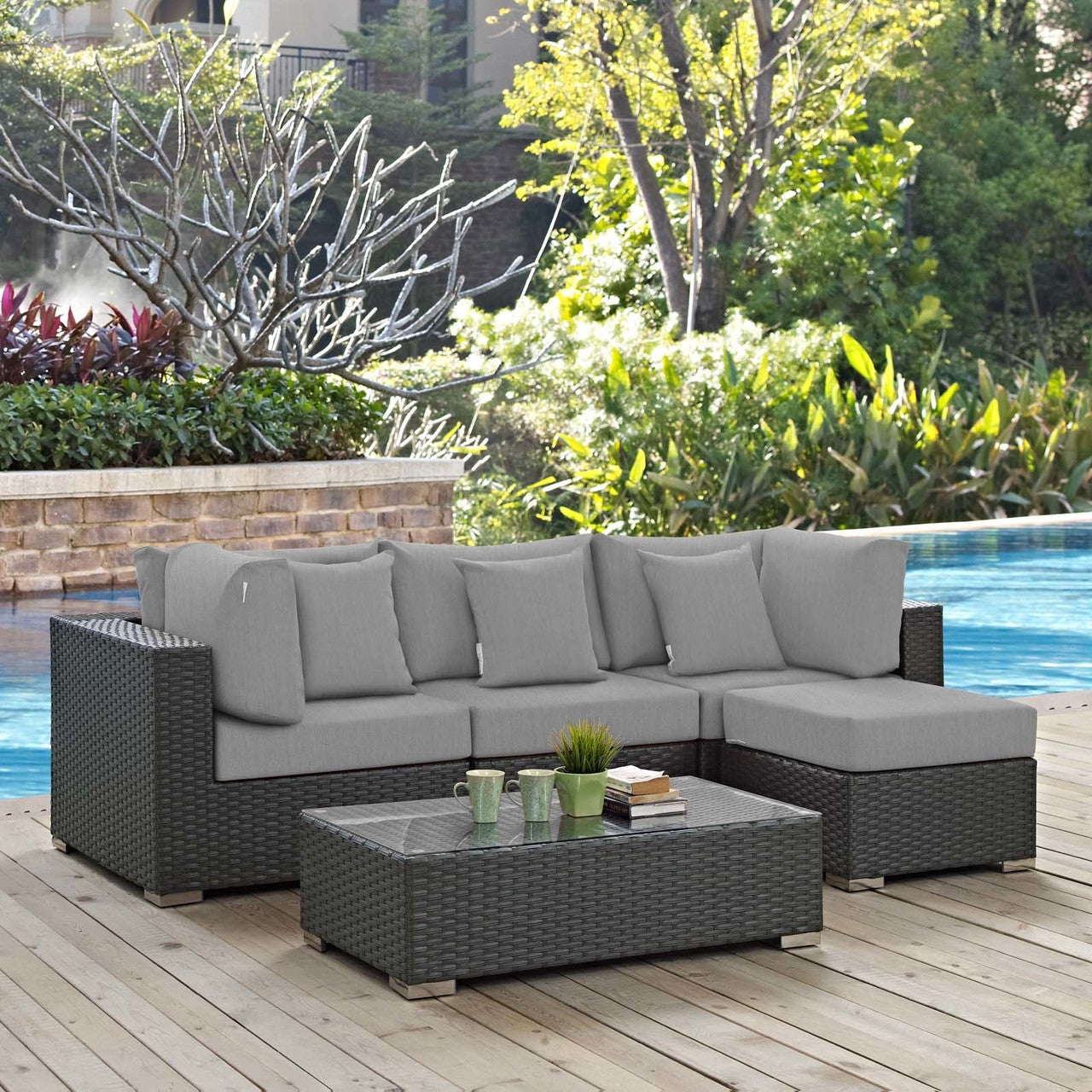 Sojourn 5 Piece Outdoor Patio Sunbrella® Sectional Set, Sunbrella Rattan Wicker, Grey Gray 13394