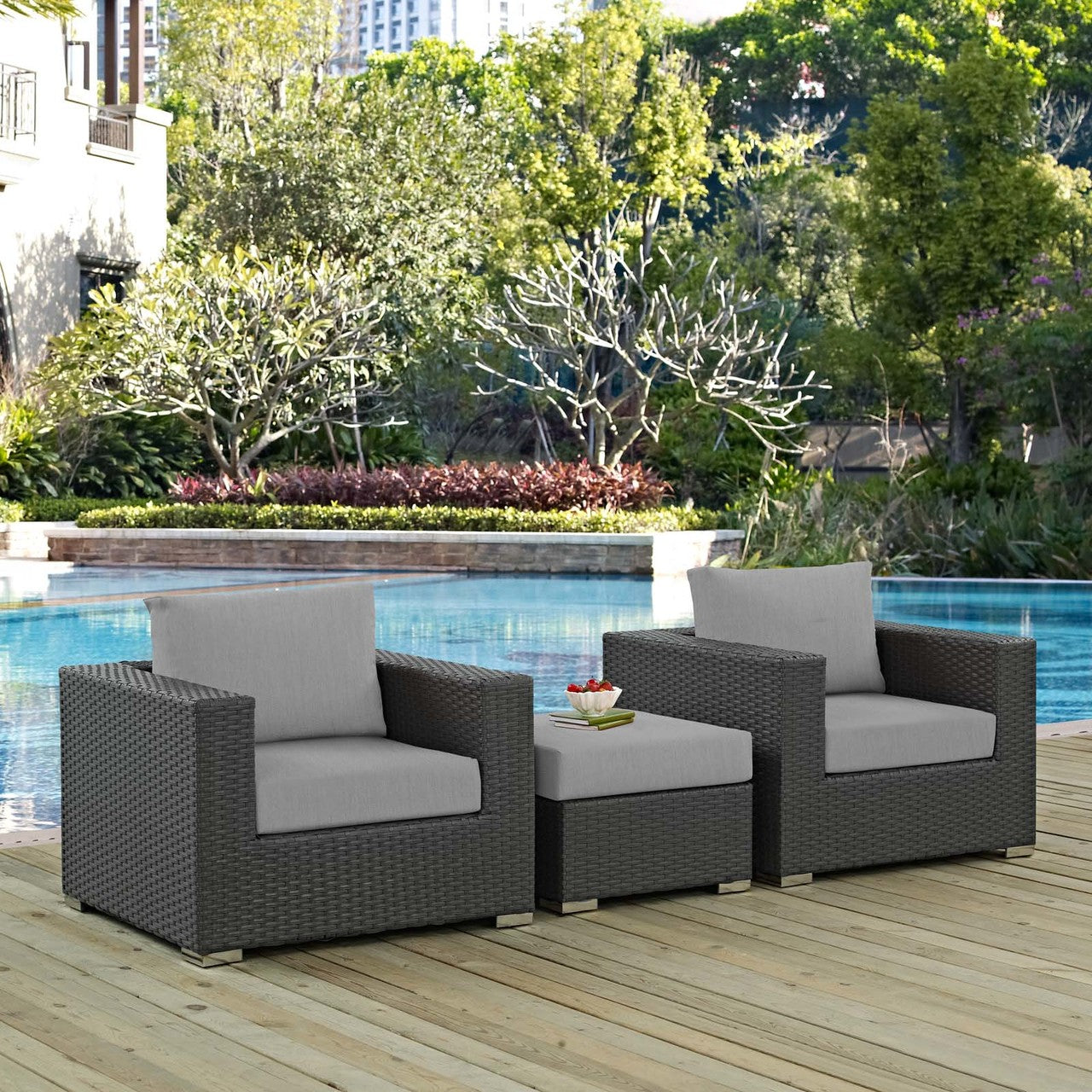 Sojourn 3 Piece Outdoor Patio Sunbrella® Sectional Set, Sunbrella Rattan Wicker, Grey Gray 13396