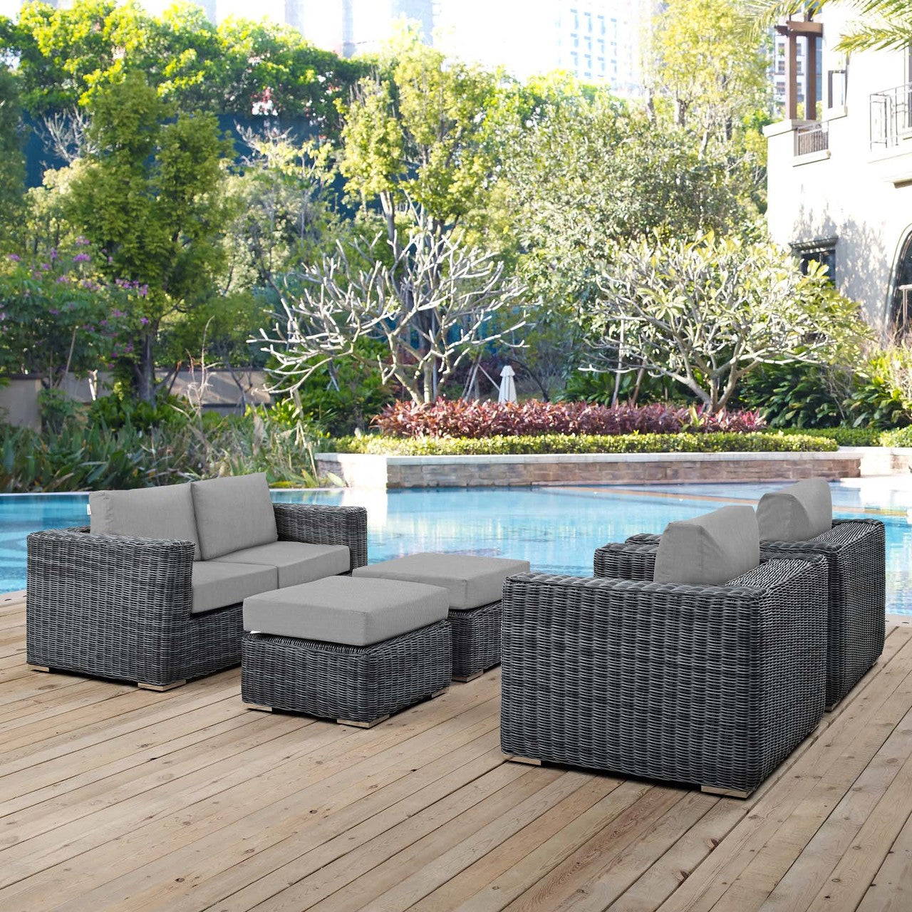 Summon 5 Piece Outdoor Patio Sunbrella® Sectional Set, Sunbrella Rattan Wicker, Grey Gray 13400