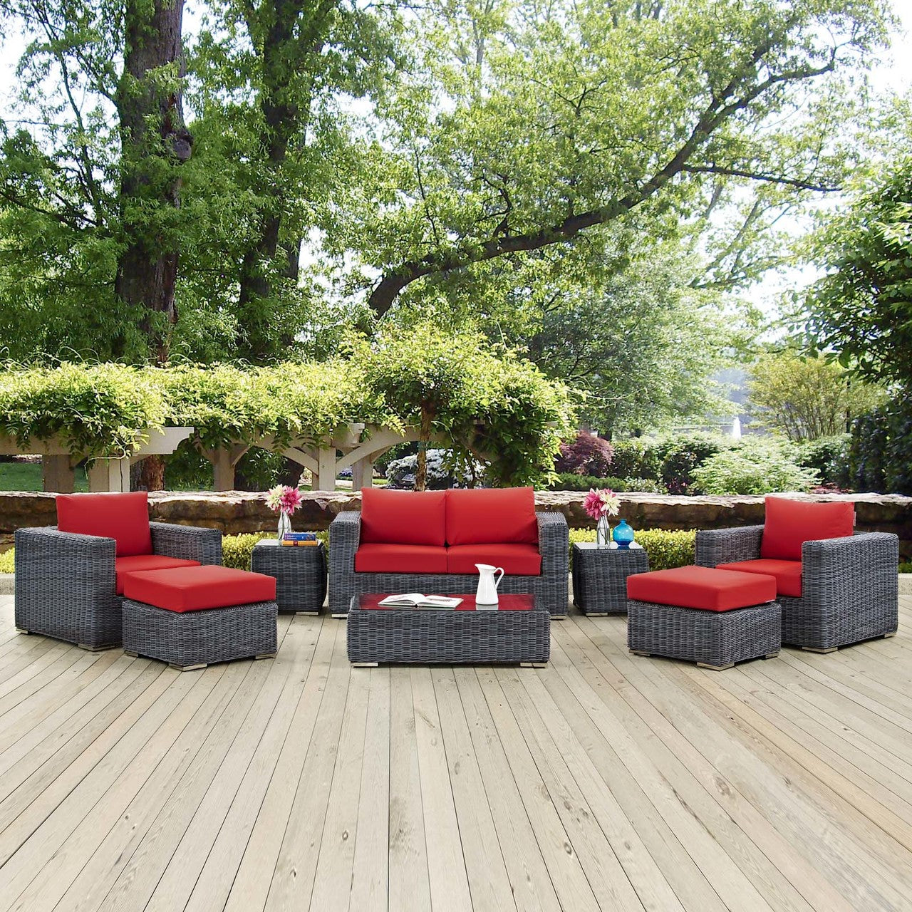 Summon 8 Piece Outdoor Patio Sunbrella® Sectional Set, Sunbrella Rattan Wicker, Grey Red 13403