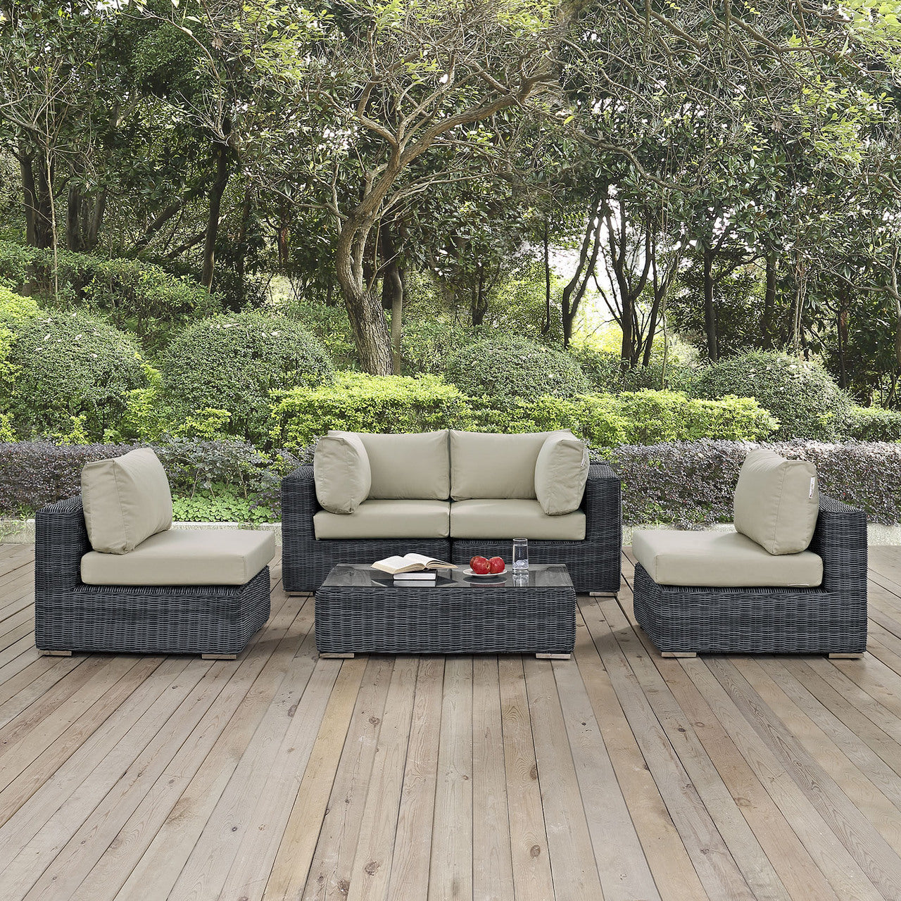 Summon Five PCS Outdoor Patio Sectional Set, Beige, Fabric, Synthetic Rattan
