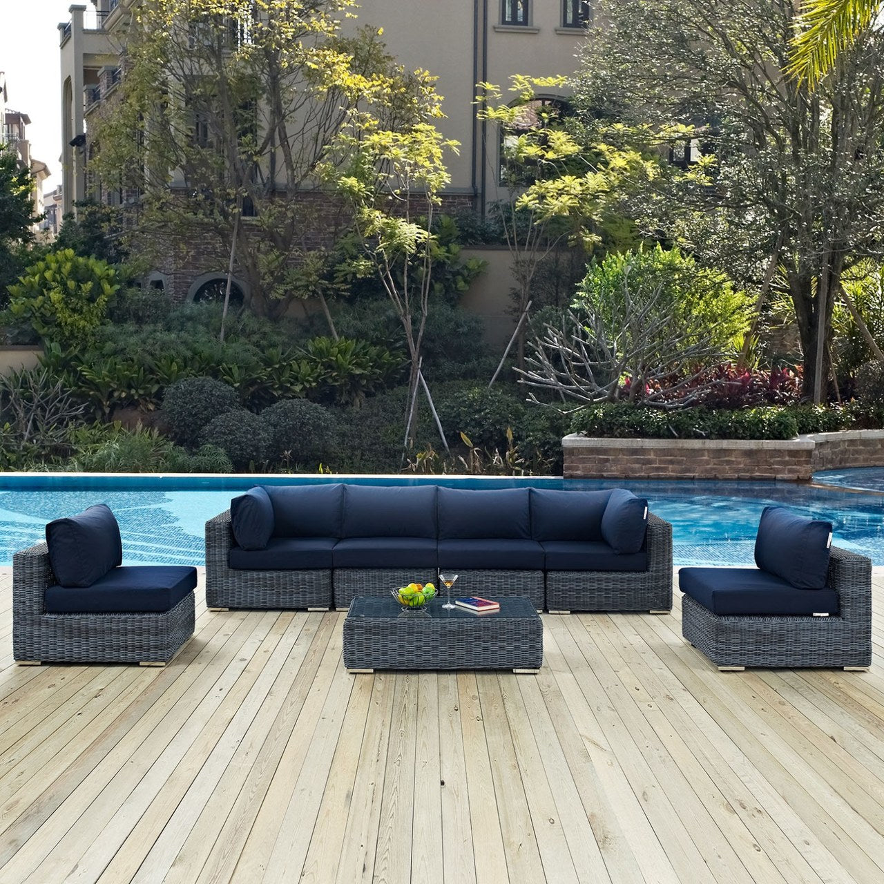 Summon Seven PCS Outdoor Patio Sunbrella Sectional Set, Navy, Rattan 9847