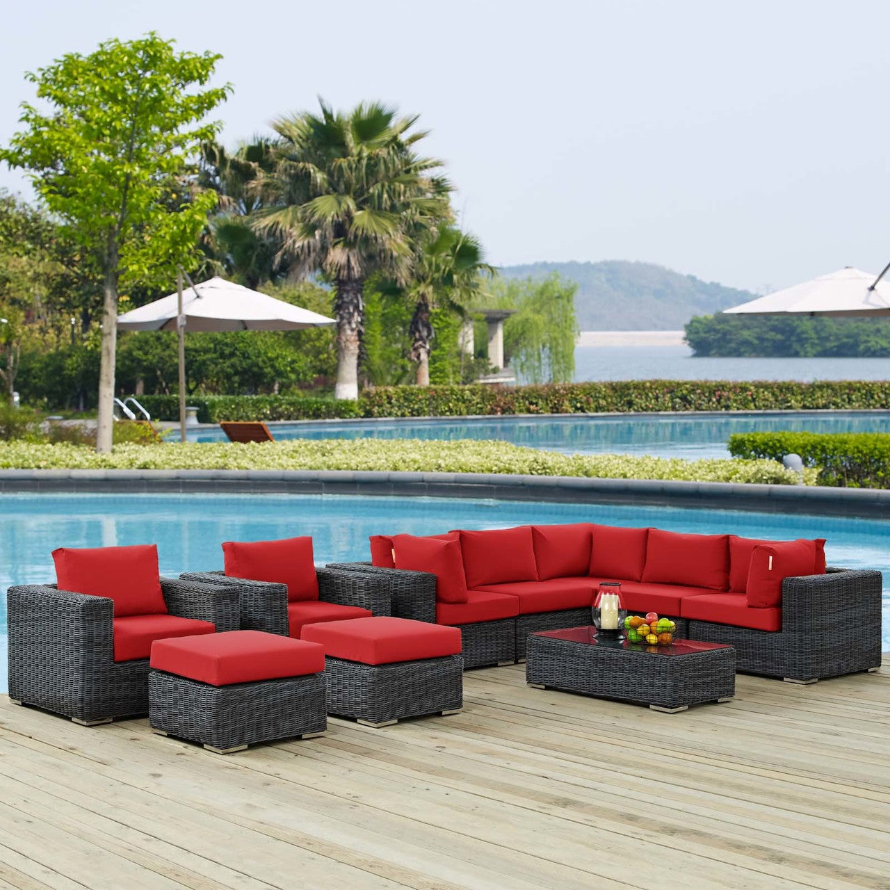 Summon 10 Piece Outdoor Patio Sunbrella® Sectional Set, Sunbrella Rattan Wicker, Grey Red 13415