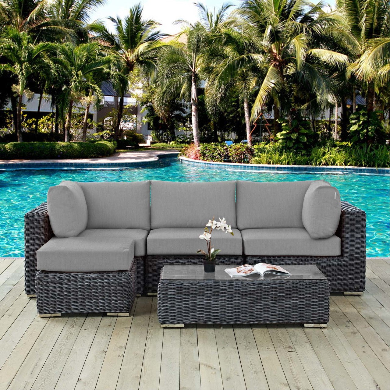 Summon 5 Piece Outdoor Patio Sunbrella® Sectional Set, Sunbrella Rattan Wicker, Grey Gray 13418