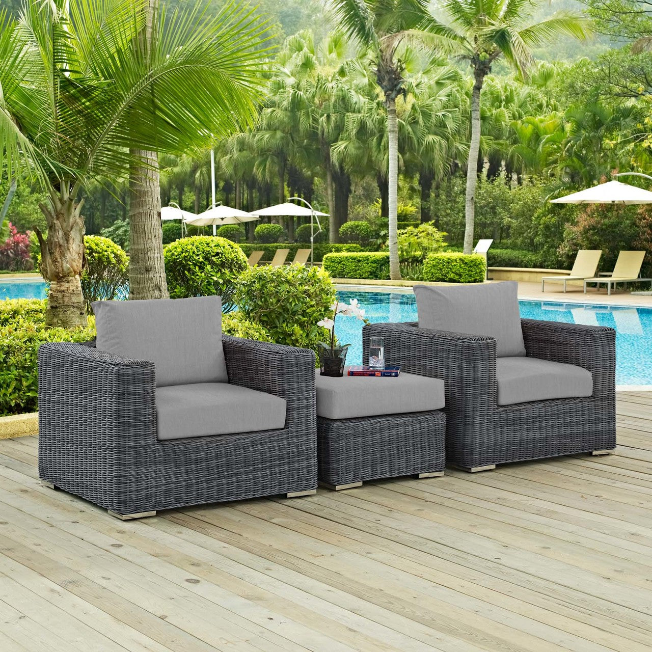 Summon 3 Piece Outdoor Patio Sunbrella® Sectional Set, Sunbrella Rattan Wicker, Grey Gray 13420