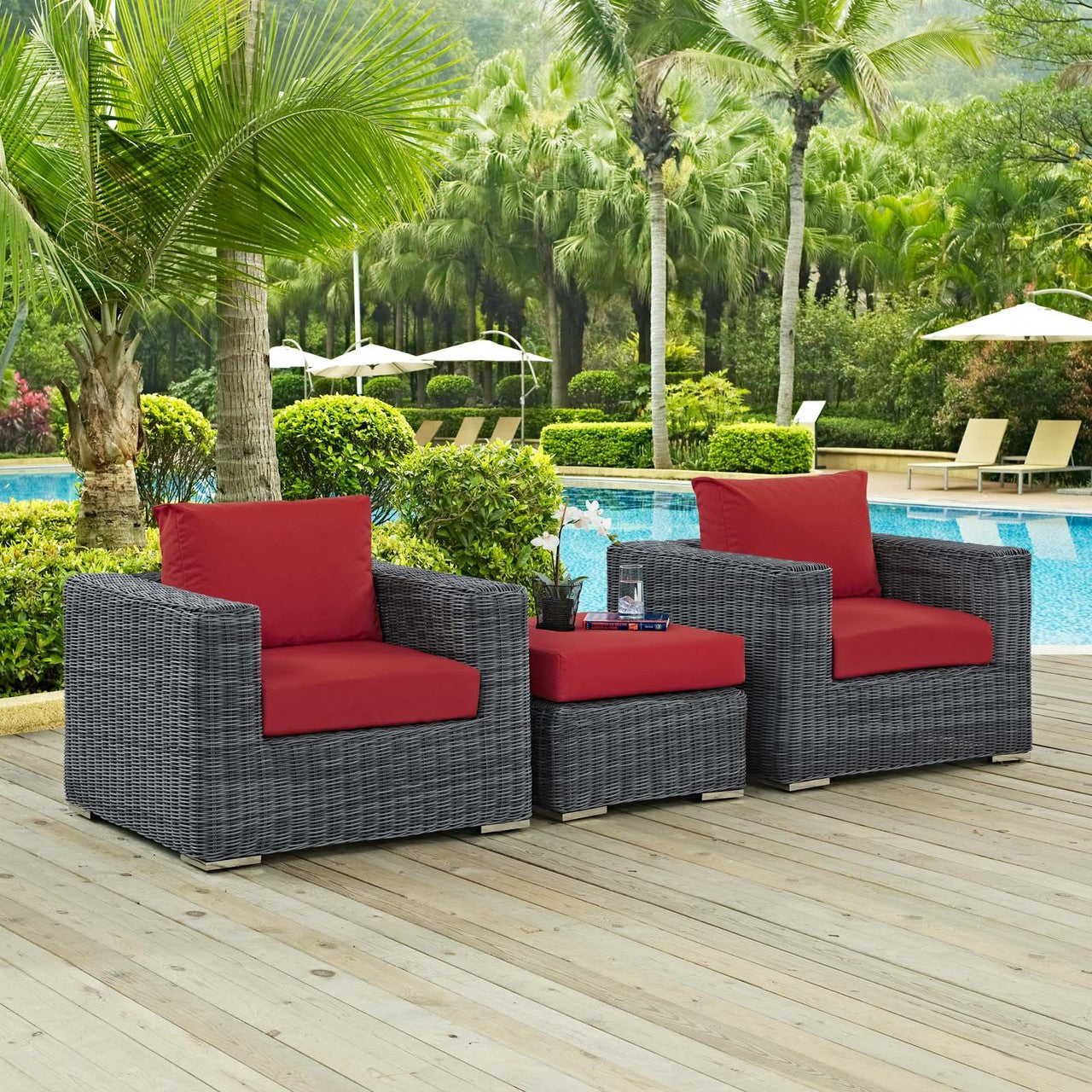 Summon 3 Piece Outdoor Patio Sunbrella® Sectional Set, Sunbrella Rattan Wicker, Grey Red 13421