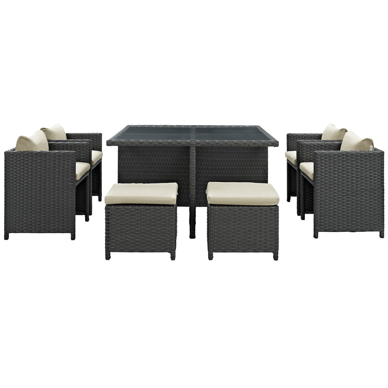 Sojourn Nine PCS Outdoor Patio Sunbrella Dining Set, Beige, Rattan 9936