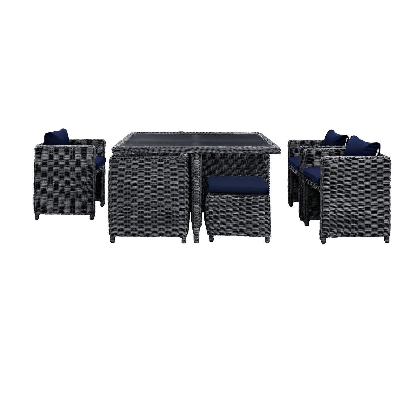 Summon Nine PCS Outdoor Patio Sunbrella Dining Set, Navy, Rattan 9939