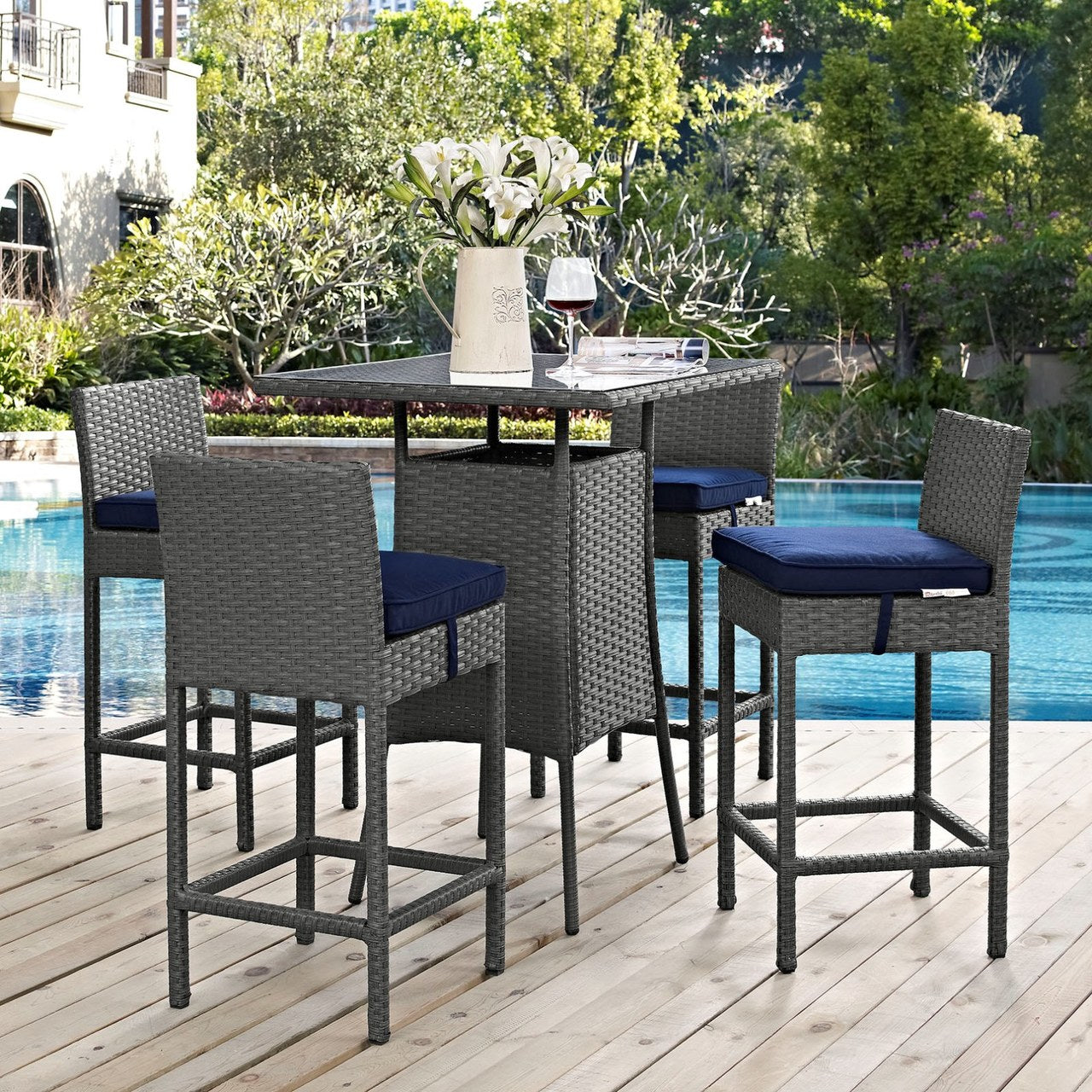 Sojourn Five PCS Outdoor Patio Sunbrella Pub Set, Navy, Rattan 9973