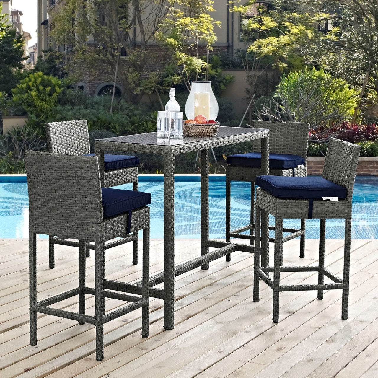 Sojourn Five PCS Outdoor Patio Sunbrella Pub Set, Navy, Rattan 9976