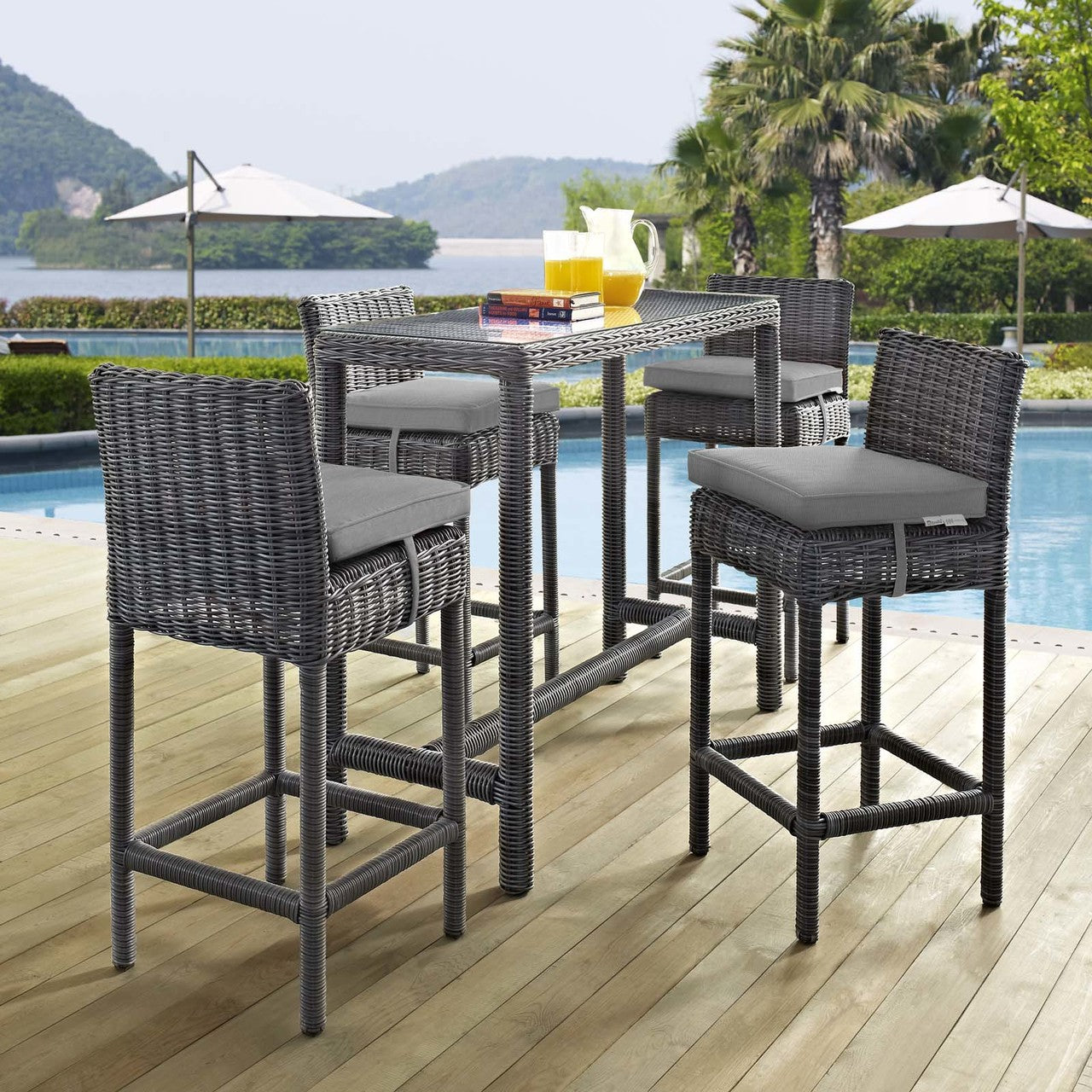 Summon 5 Piece Outdoor Patio Sunbrella® Pub Set, Sunbrella Rattan Wicker, Grey Gray 13442