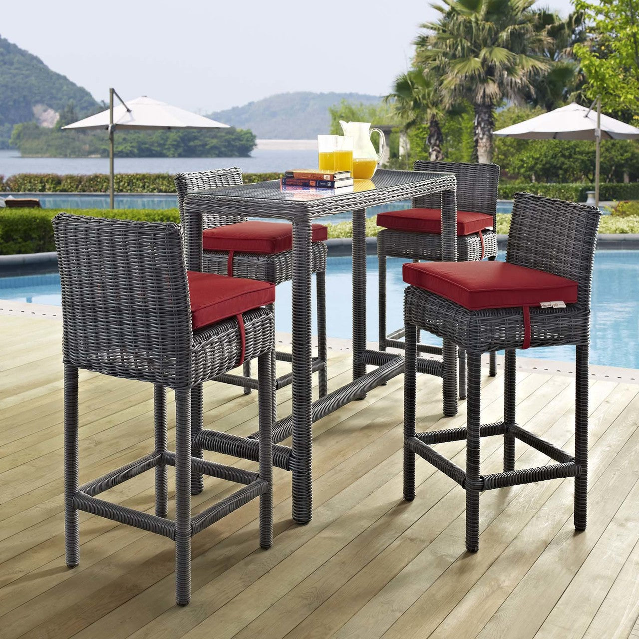 Summon 5 Piece Outdoor Patio Sunbrella® Pub Set, Sunbrella Rattan Wicker, Red 13443