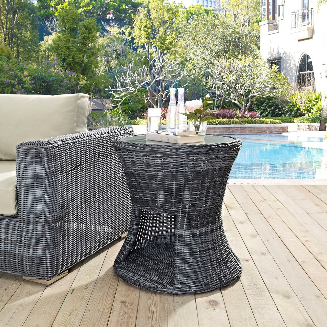 Summon Outdoor Patio Side Table, Grey, Rattan 10003