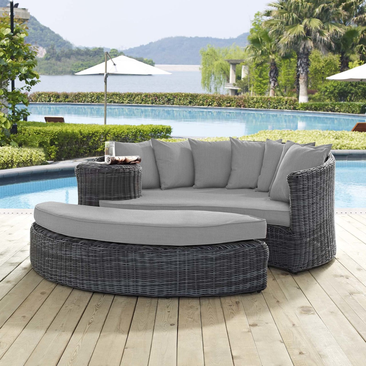 Summon Outdoor Patio Sunbrella® Daybed, Sunbrella Rattan Wicker, Grey Gray 13452