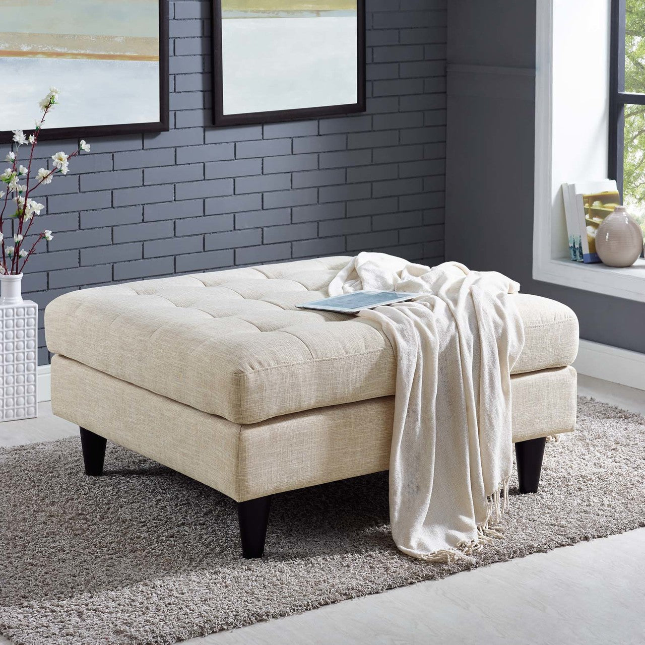 Empress Upholstered Fabric Large Ottoman, Fabric, Beige 13480