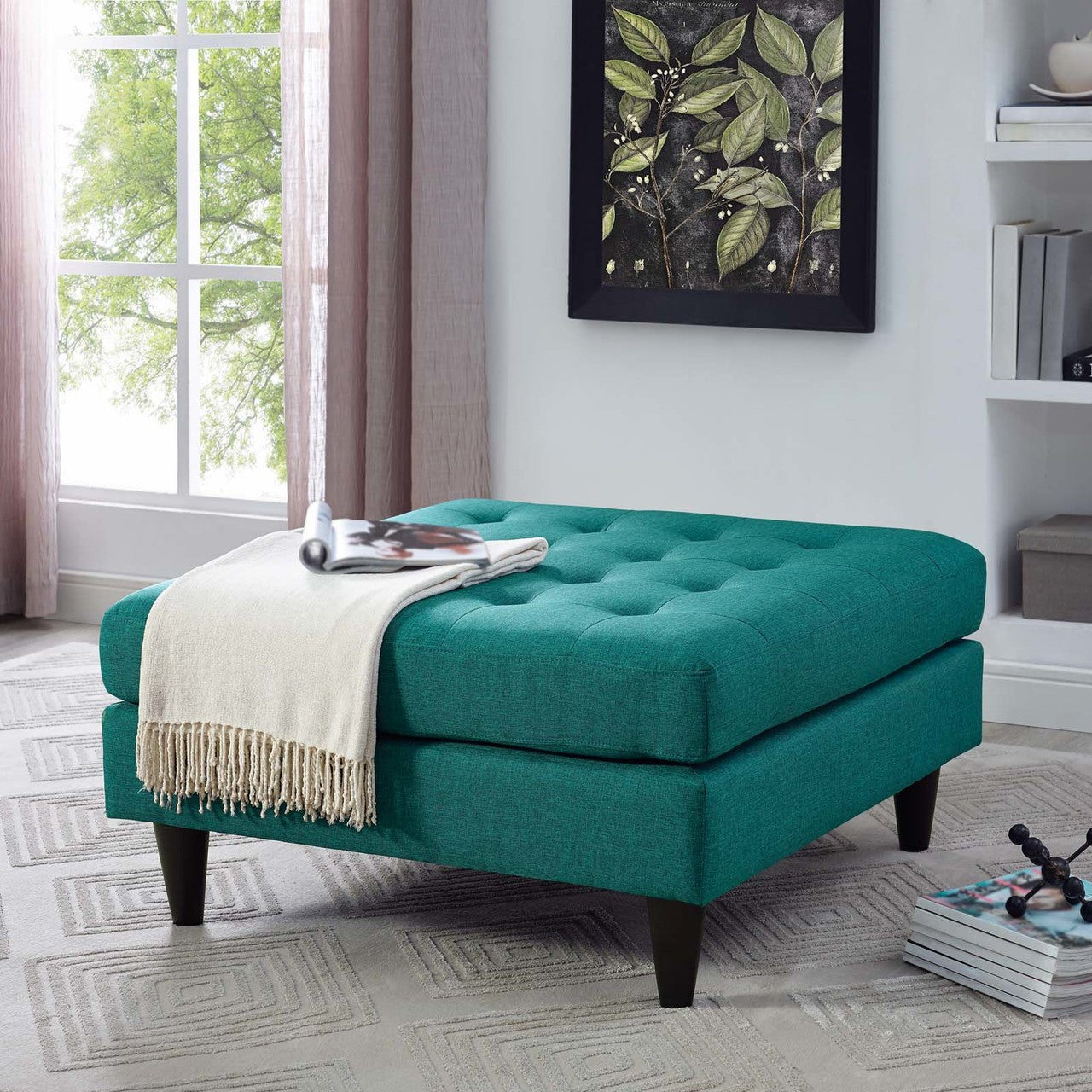 Empress Upholstered Fabric Large Ottoman, Fabric, Aqua Blue 13481
