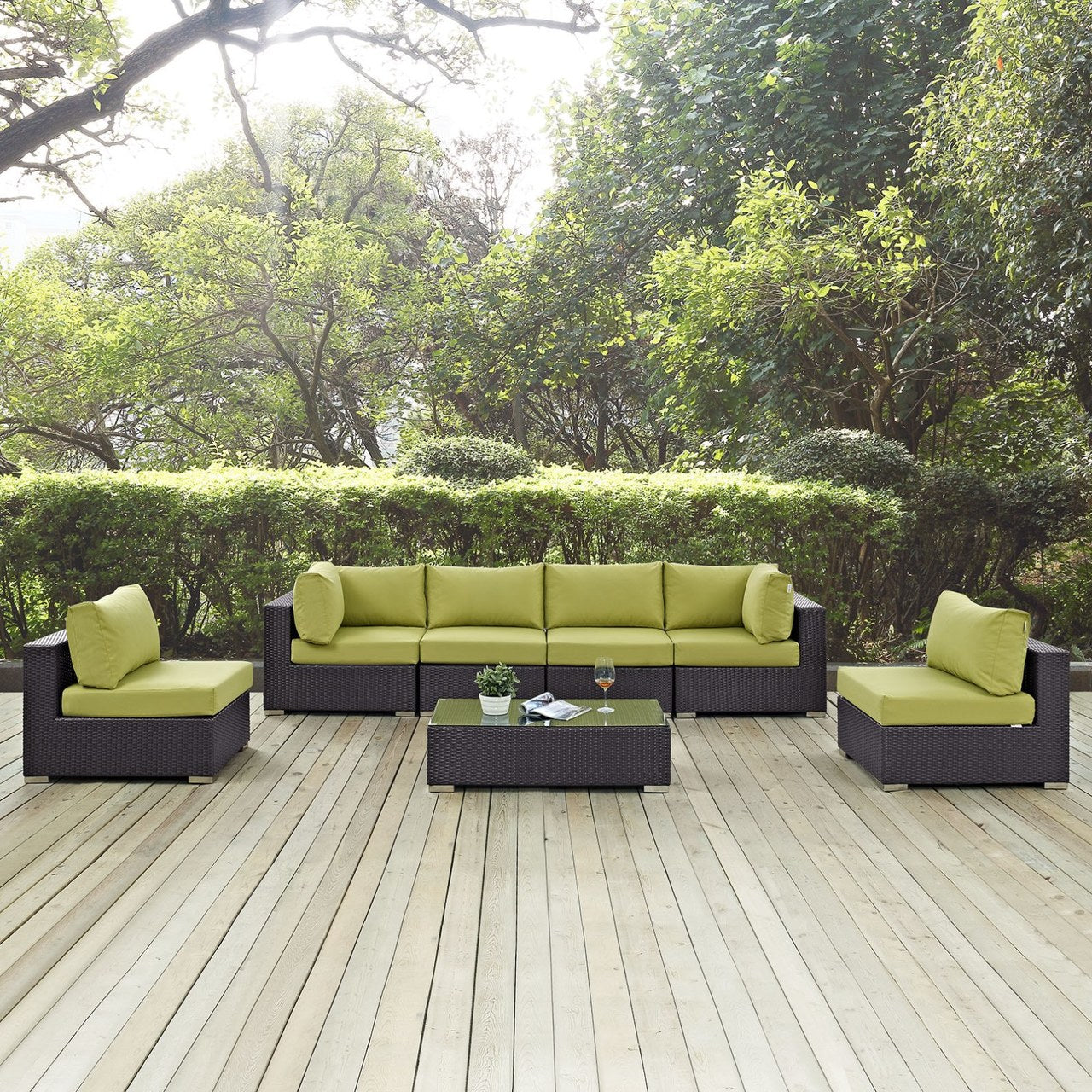 Convene Seven PCS Outdoor Patio Sectional Set, Green, Rattan 10417