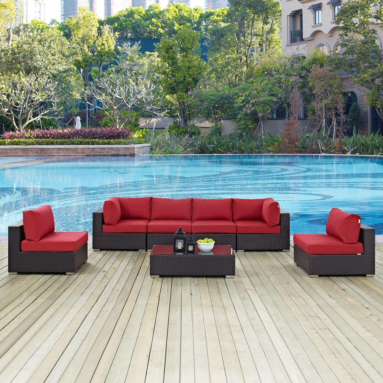 Convene Seven PCS Outdoor Patio Sectional Set, Red, Rattan 10418