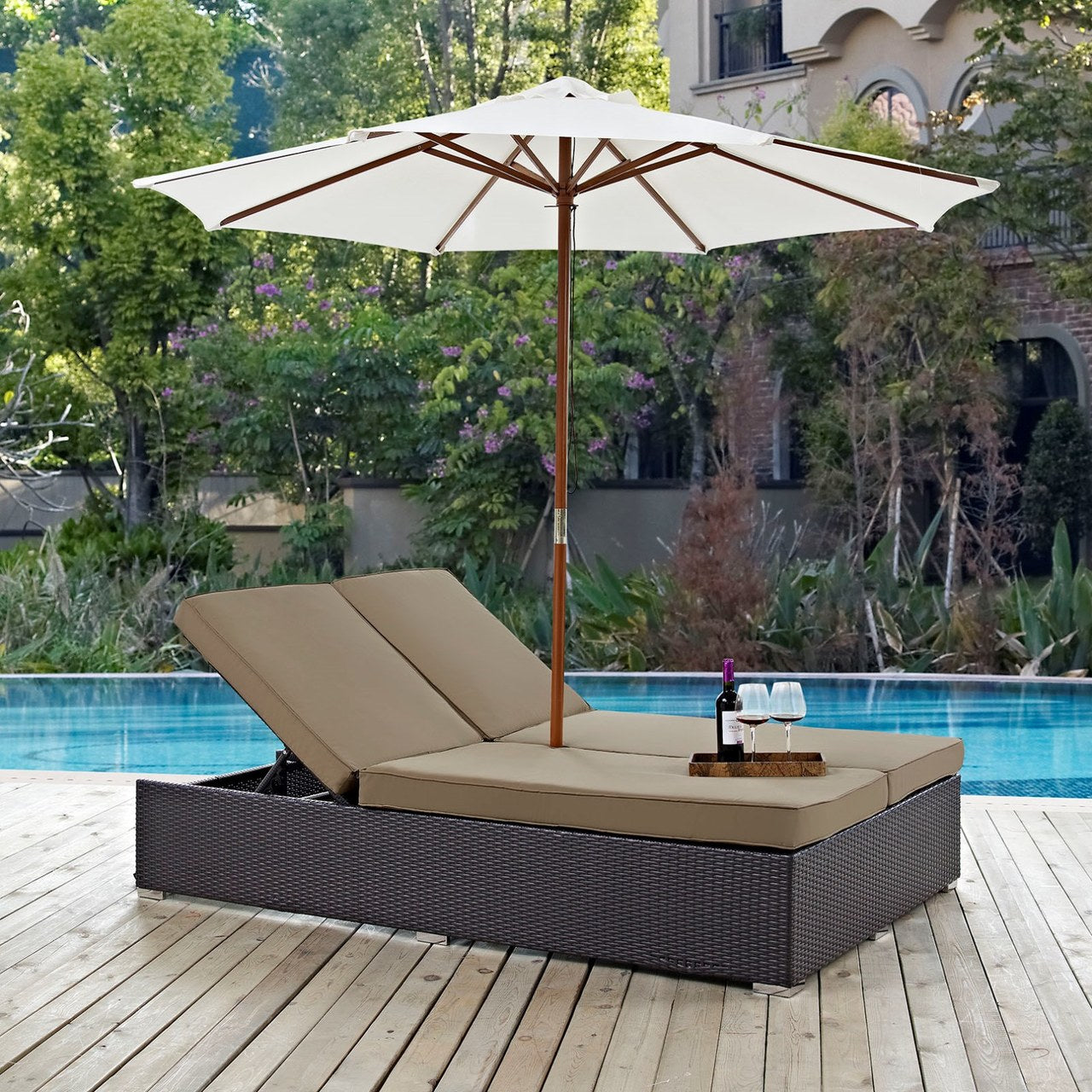 Convene Double Outdoor Patio Chaise, Brown, Rattan 10514