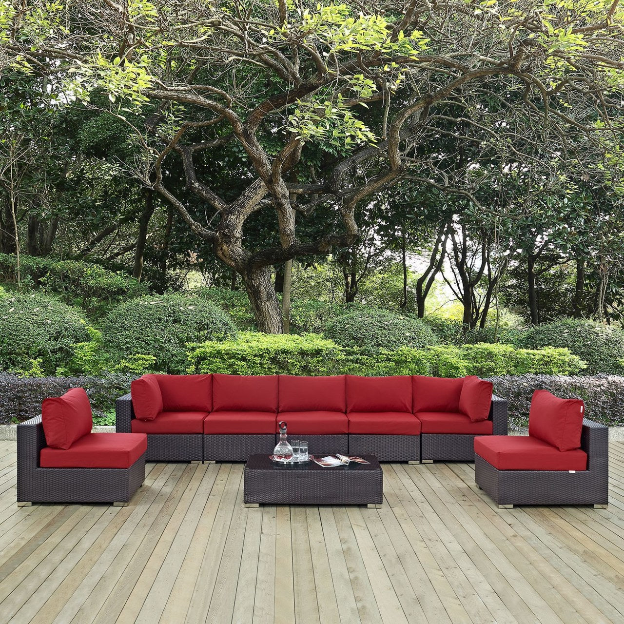 Convene Eight PCS Outdoor Patio Sectional Set, Red, Rattan 10643