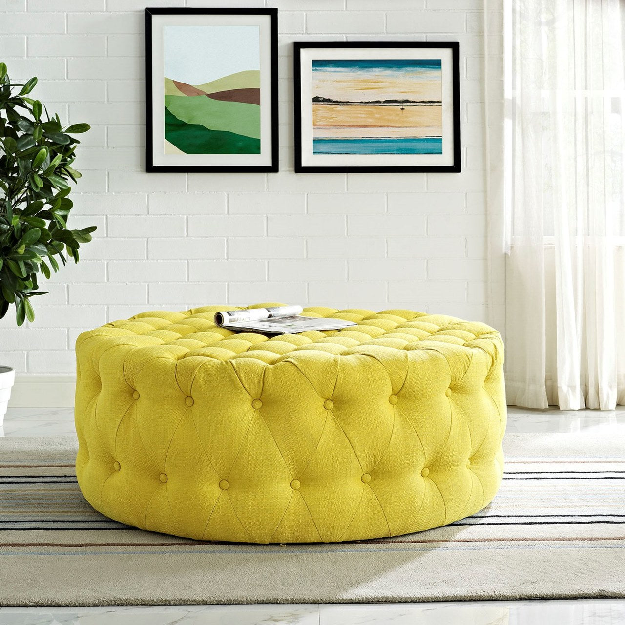 Amour Upholstered Fabric Ottoman, Yellow, Fabric 10744