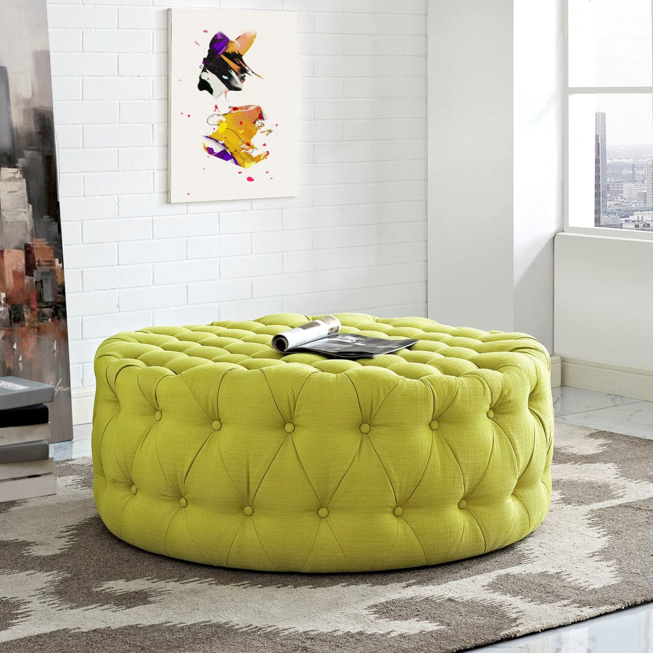 Amour Upholstered Fabric Ottoman, Green, Fabric 10746