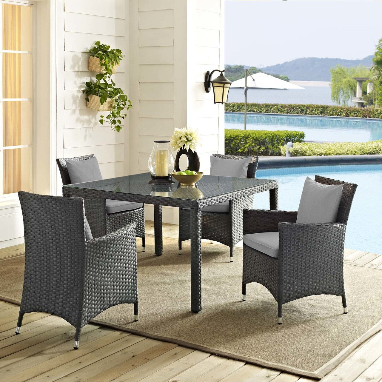 Sojourn 4 Piece Outdoor Patio Sunbrella® Dining Set, Sunbrella Rattan Wicker, Grey Gray 13504