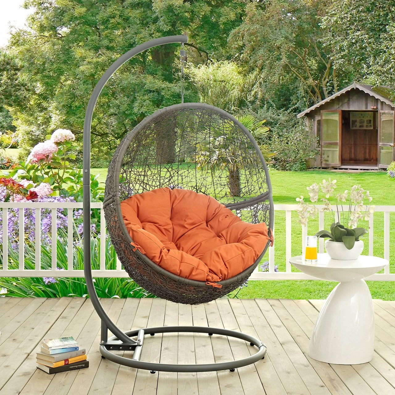 Hide Outdoor Patio Swing Chair With Stand, Orange, Rattan 10887