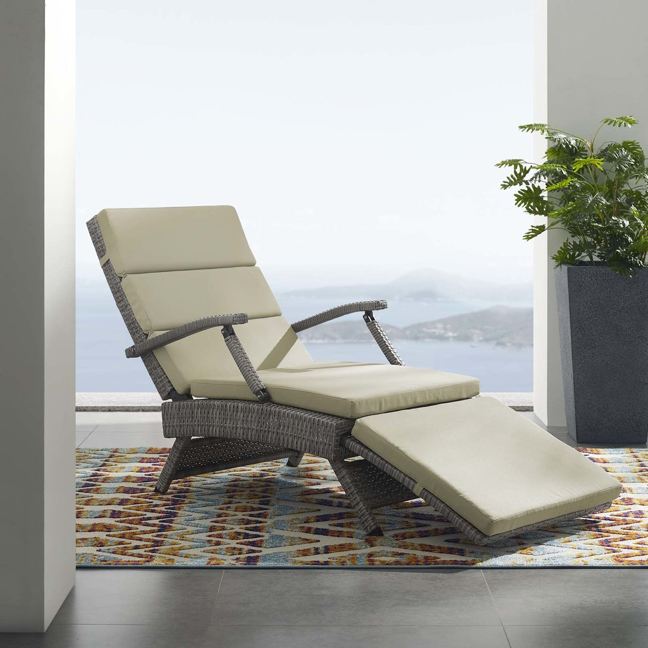 Envisage Chaise Outdoor Patio Wicker Rattan Lounge Chair, Rattan Wicker, Light Gray Beige 15663