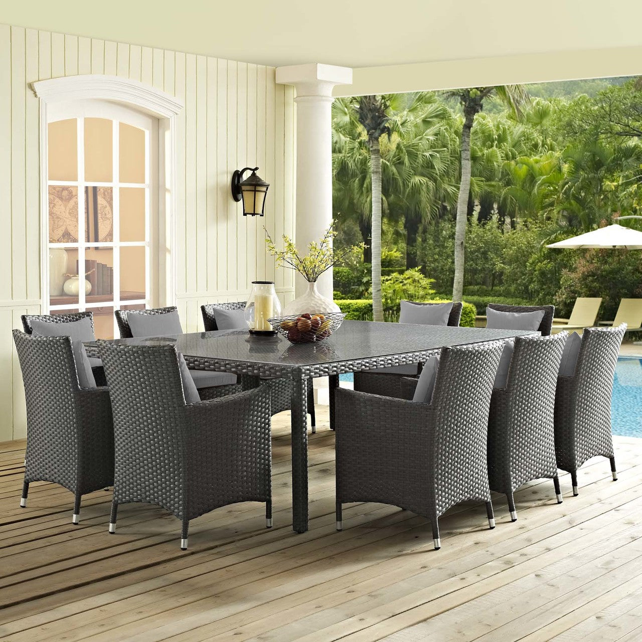 Sojourn 11 Piece Outdoor Patio Sunbrella® Dining Set, Sunbrella Rattan Wicker, Grey Gray 13520
