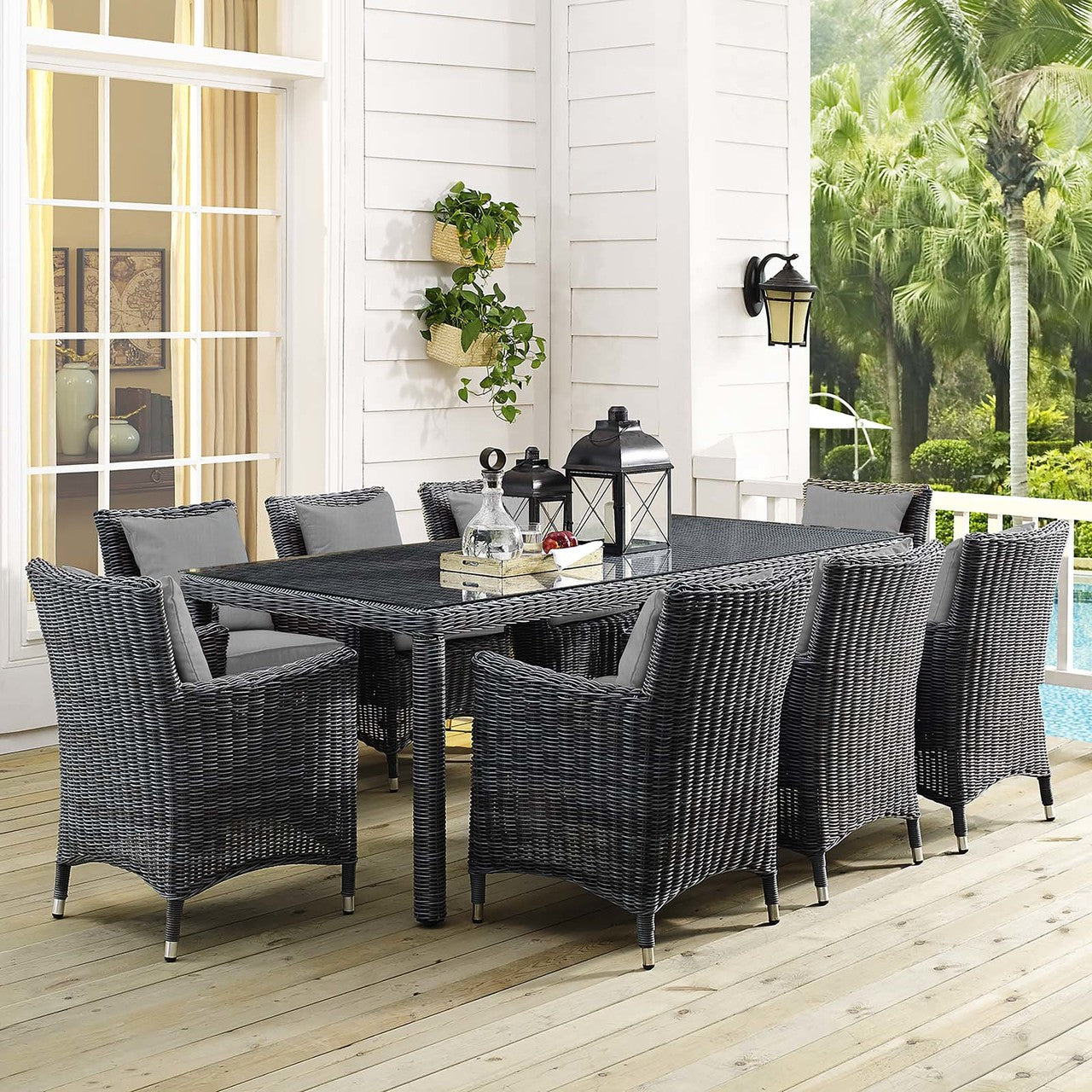 Summon 9 Piece Outdoor Patio Sunbrella® Dining Set, Sunbrella Rattan Wicker, Grey Gray 13536