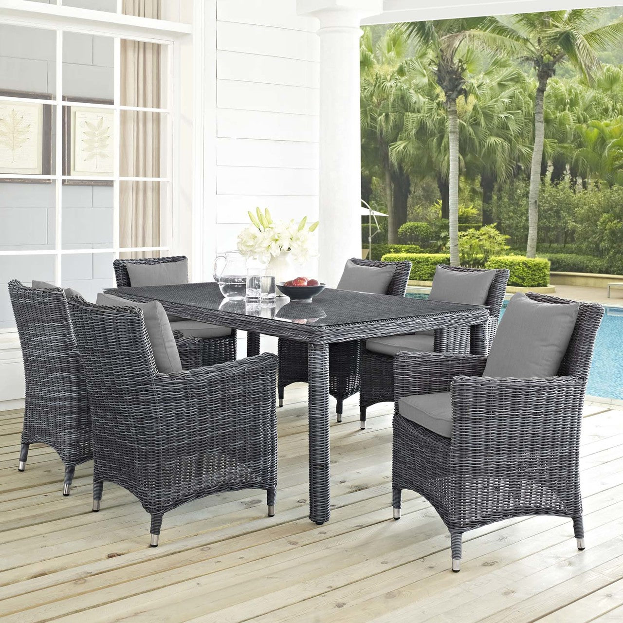 Summon 7 Piece Outdoor Patio Sunbrella® Dining Set, Sunbrella Rattan Wicker, Grey Gray 13542