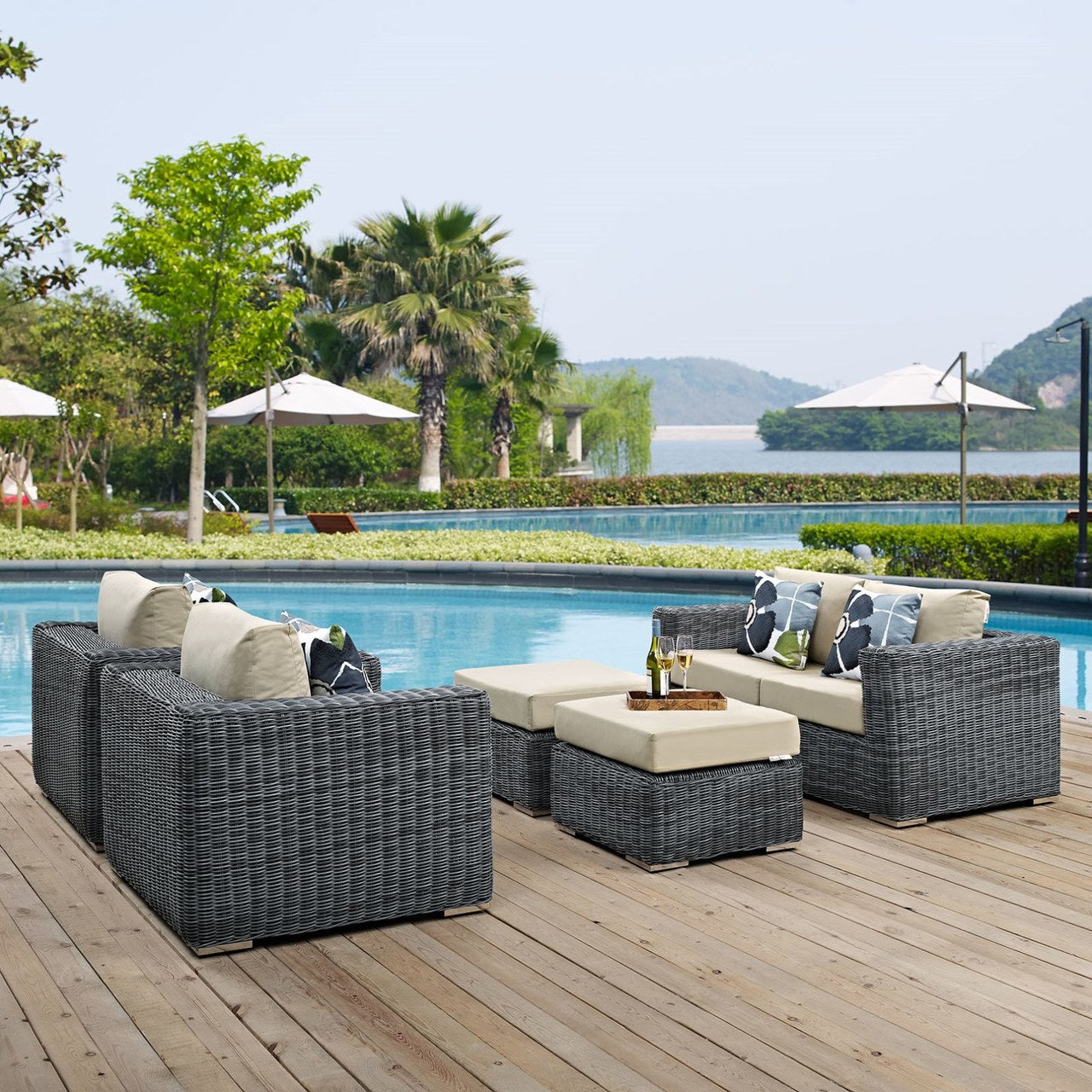 Summon Five PCS Outdoor Patio Sunbrella Sectional Set, Beige, Rattan 11169