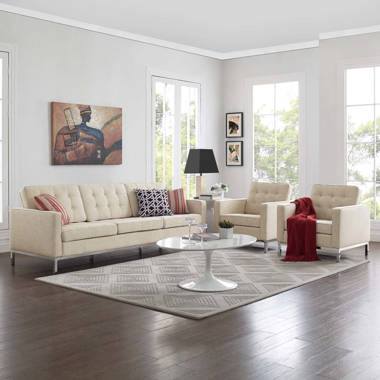Loft 3 Piece Upholstered Fabric Sofa and Armchair Set, Fabric, Beige 13544