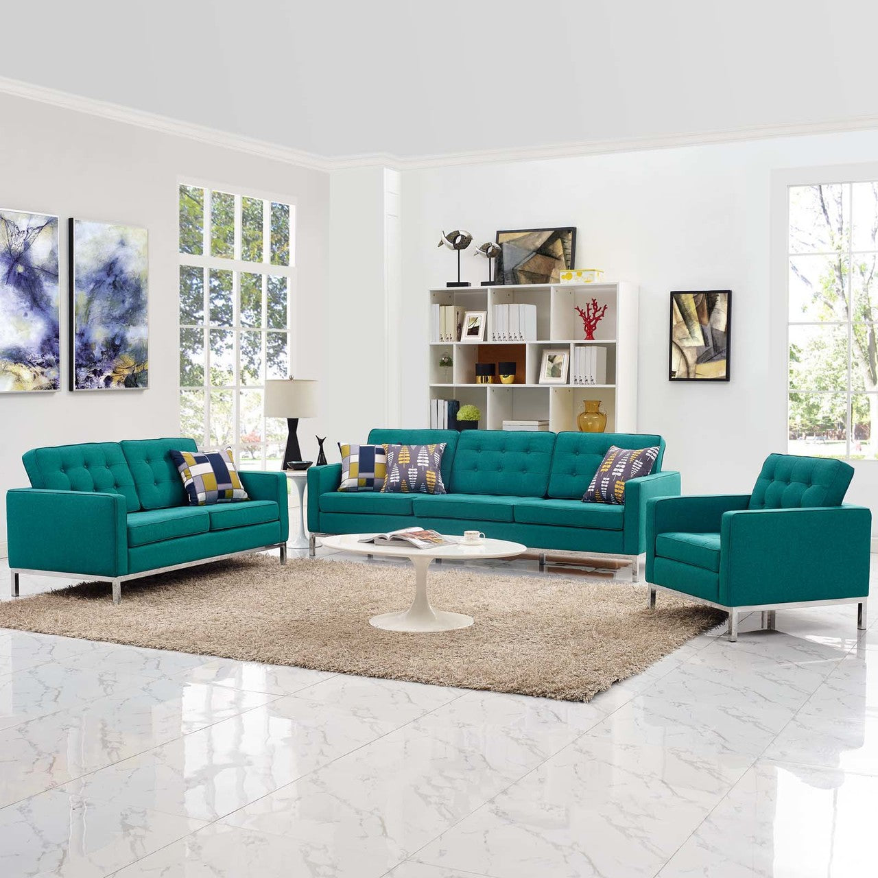 Loft 3 Piece Upholstered Fabric Sofa Loveseat and Armchair Set, Fabric, Aqua Blue 13549