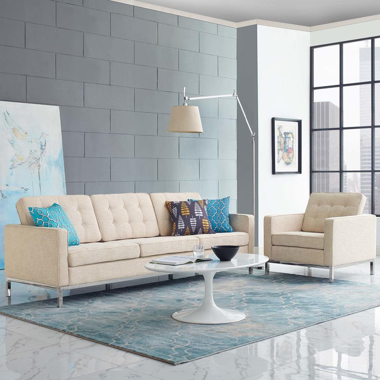Loft 2 Piece Upholstered Fabric Sofa and Armchair Set, Fabric, Beige 13550