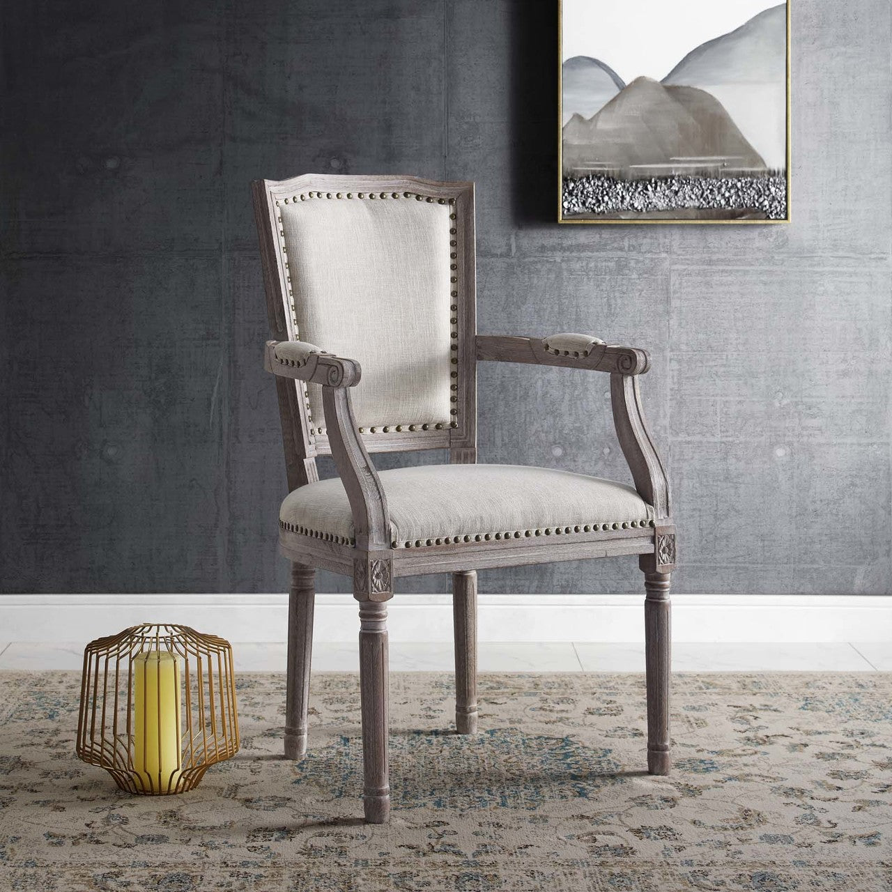 Penchant Vintage French Upholstered Fabric Dining Armchair, Fabric Wood, Beige 13602
