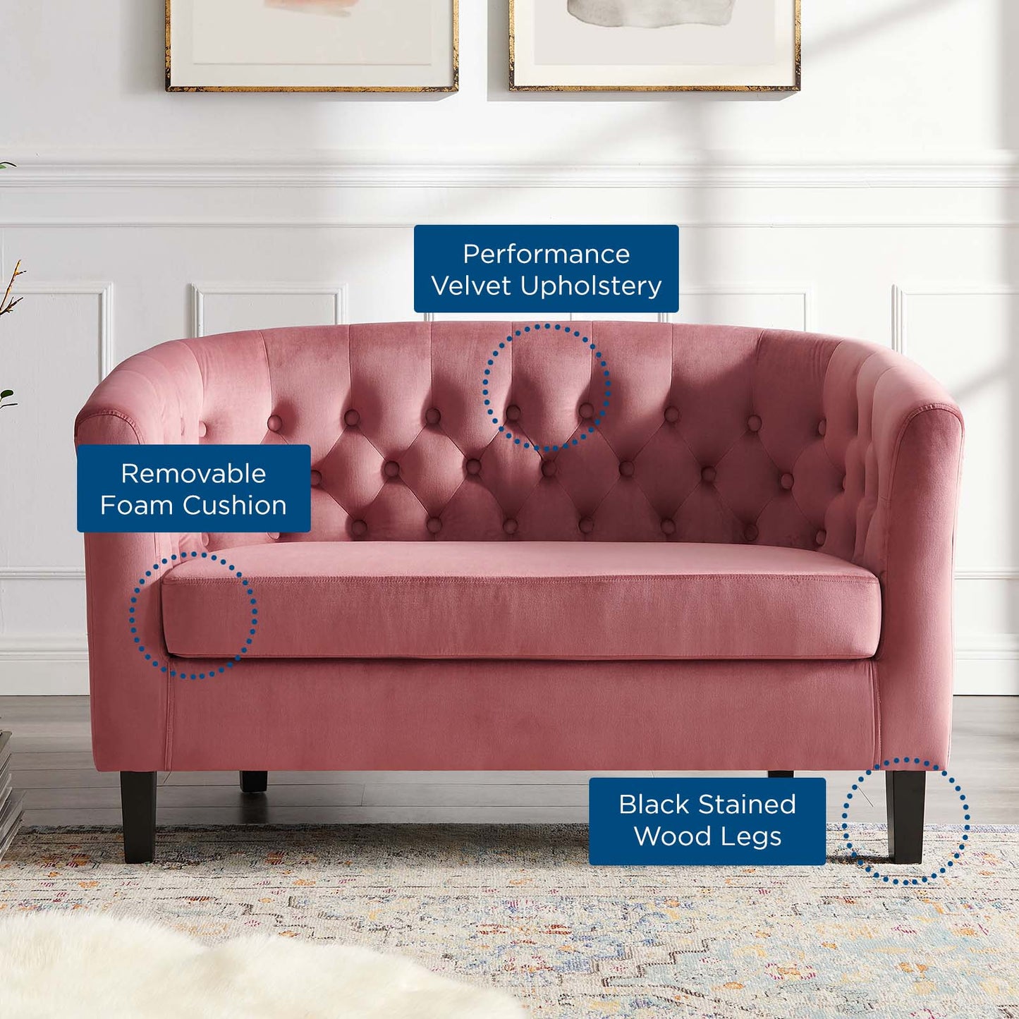 Prospect Performance Velvet Loveseat, Velvet, Pink, 18137